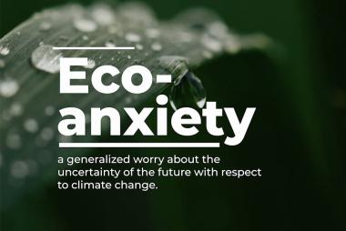一张植物叶子的极端特写，背景是水珠，白色文字将生态焦虑定义为对未来气候变化不确定性的普遍担忧。